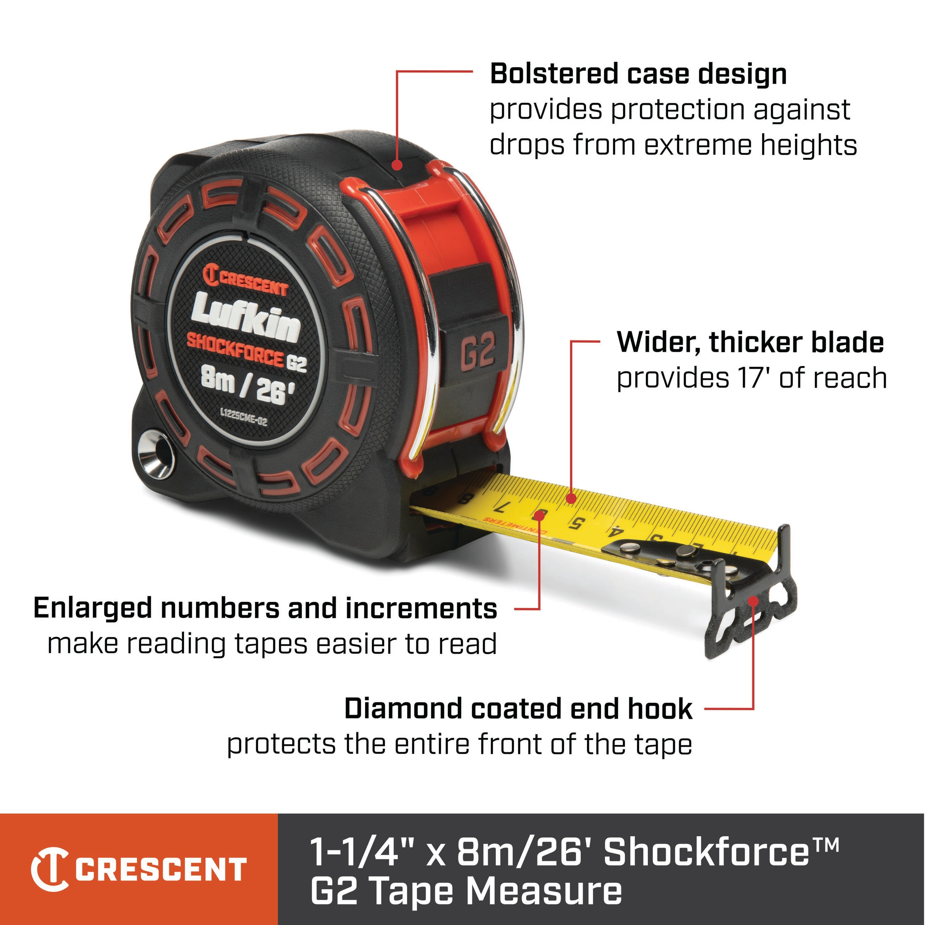 Calibrador de cinta Crescent Lufkin Shockforce G2 8m/26-pies modelo L1225CME-02