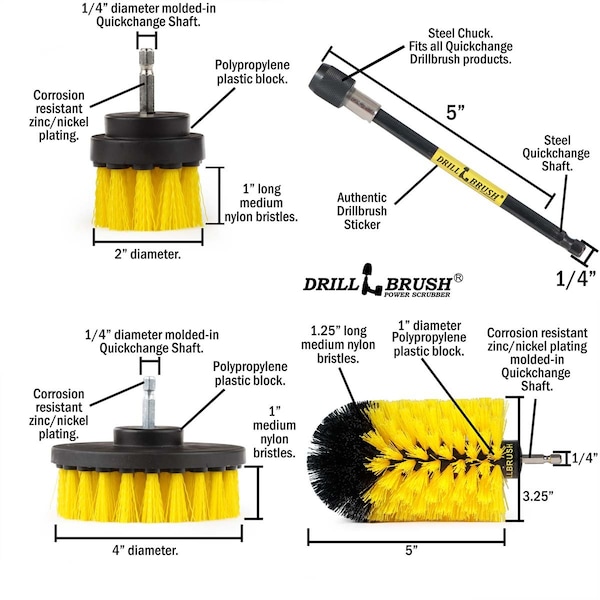 Cepillo Eléctrico Power Scrubber de Drill Brush By Useful Products 5 pulgadas de ancho x 7 pulgadas de largo, amarillo - Y-S-42J-5X-QC-DB