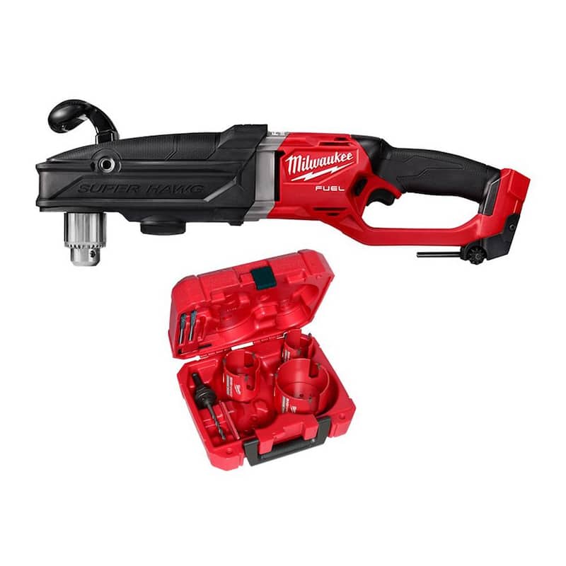 Milwaukee M18 FUEL 18-Volt Li-Ion Inalámbrico GEN 2 Super Hawg Taladro Angular de 1/2 pulgada con Kit de sierra de agujero de carburo (7 piezas) - 2809-20-49-56-9280