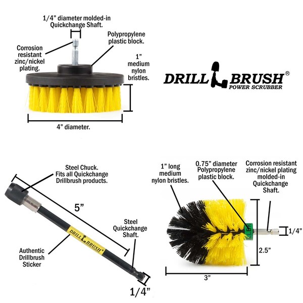 Cepillo Eléctrico para Taladro Drill Brush Power Scrubber de Useful Products, 5 pulgadas de ancho, 5 pulgadas de largo, Amarillo - Y-S-4M-5X-QC-DB