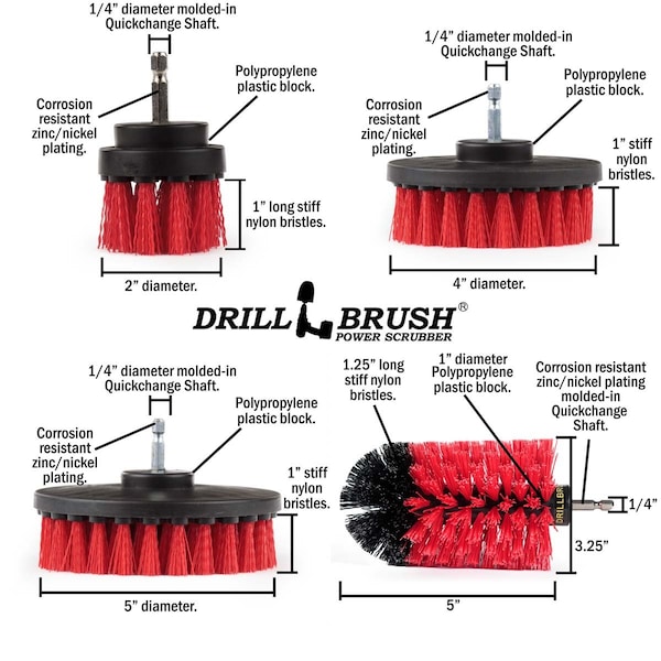 Cepillo Eléctrico para Taladro Power Scrubber de Useful Products, 5 pulgadas de ancho y 7 pulgadas de largo, color Rojo - R-S-E542J-QC-DB
