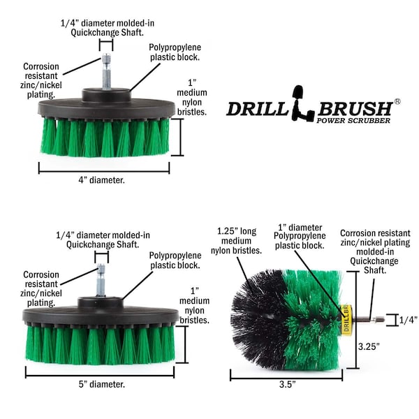 Cepillo para Taladro Power Scrubber de Useful Products, 7 pulgadas de ancho y 5 pulgadas de largo, color verde - G-542OMS-2L-7X-QC-DB