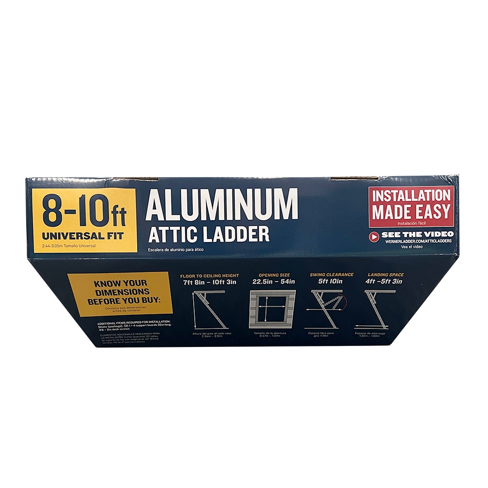 Escalera de ático plegable de aluminio Werner de 8 pies a 10 pies (abertura bruta: 22.5 pulgadas x 54 pulgadas) con capacidad de 375 libras AH2210C