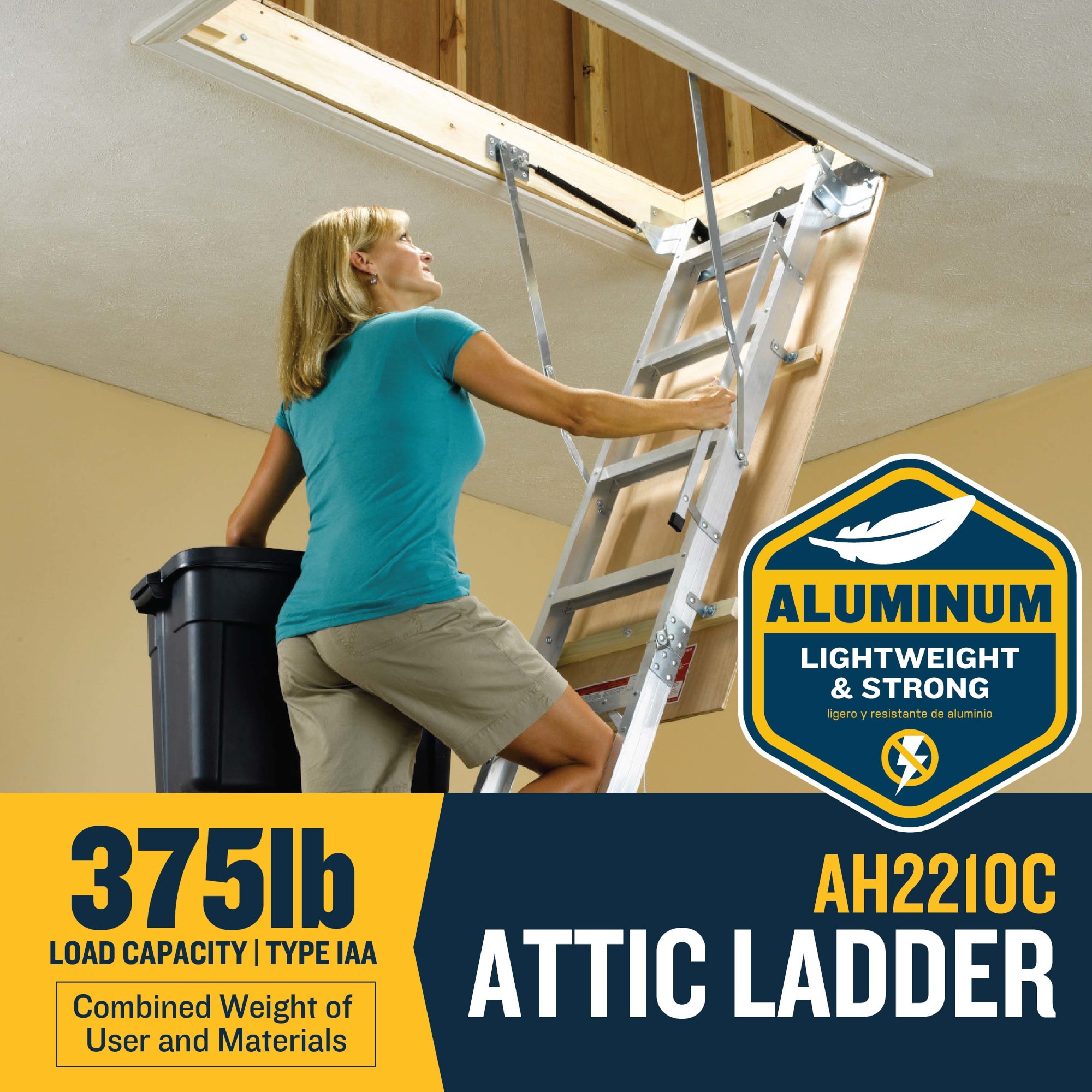 Escalera de ático plegable de aluminio Werner de 8 pies a 10 pies (abertura bruta: 22.5 pulgadas x 54 pulgadas) con capacidad de 375 libras AH2210C
