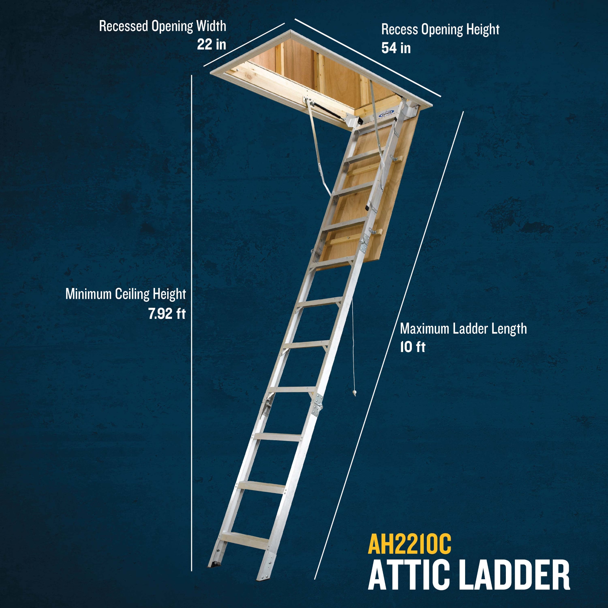 Escalera de ático plegable de aluminio Werner de 8 pies a 10 pies (abertura bruta: 22.5 pulgadas x 54 pulgadas) con capacidad de 375 libras AH2210C