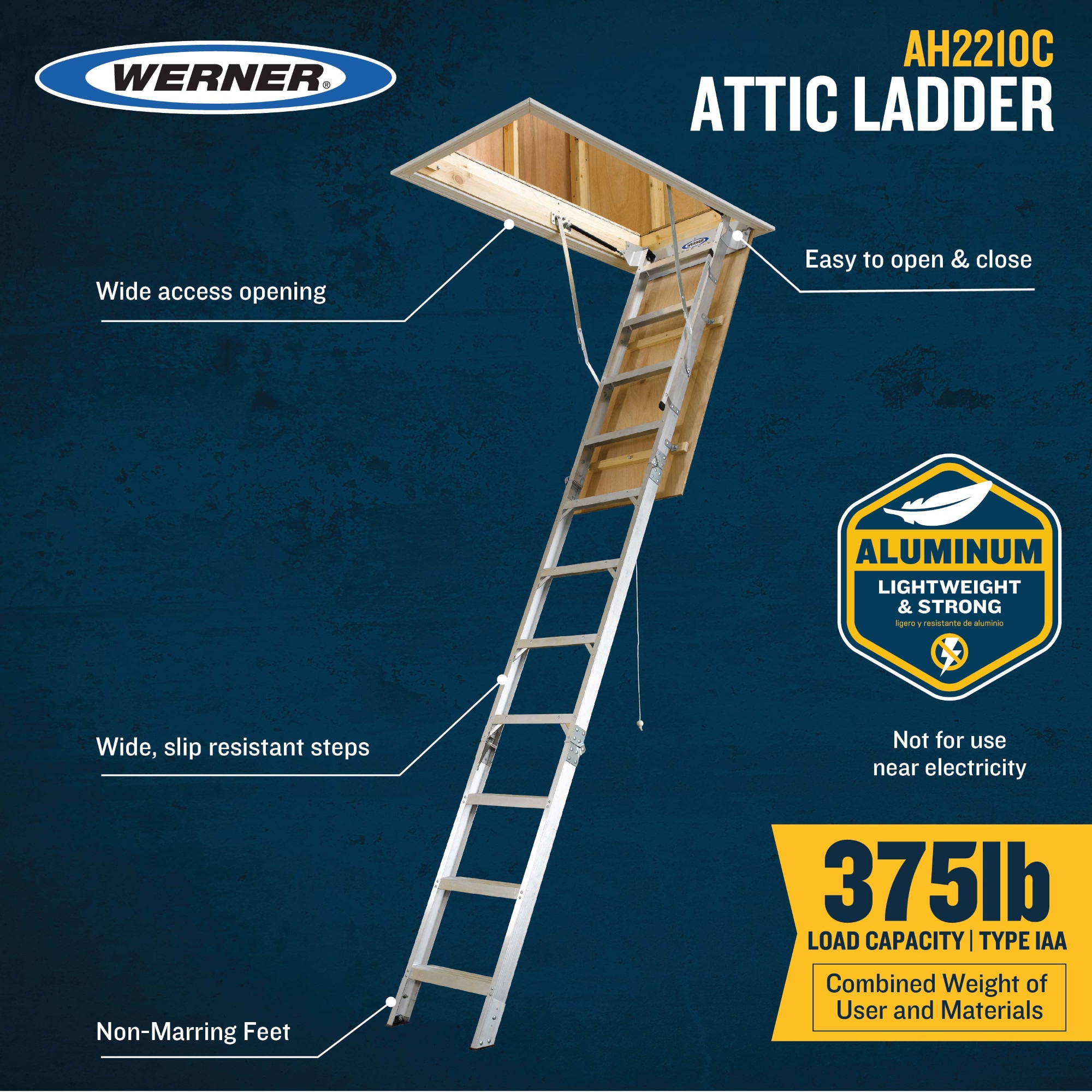 Escalera de ático plegable de aluminio Werner de 8 pies a 10 pies (abertura bruta: 22.5 pulgadas x 54 pulgadas) con capacidad de 375 libras AH2210C