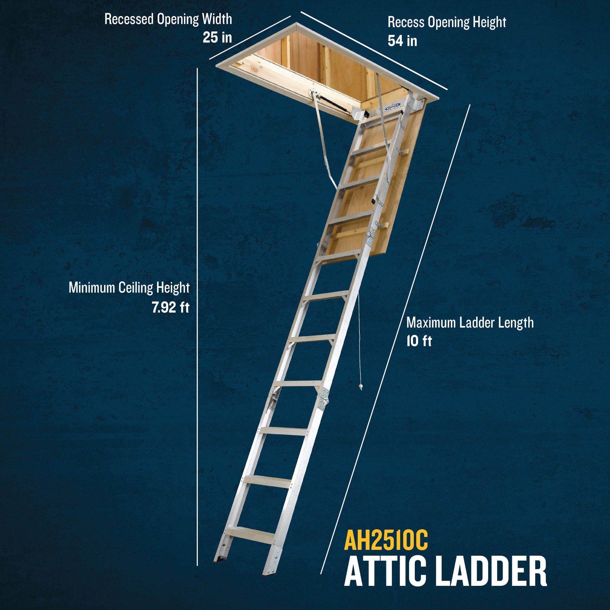 Escalera de ático plegable de aluminio Werner 8 pies a 10 pies (abertura bruta: 25 pulgadas x 54 pulgadas) con capacidad de 375 libras AH2510C