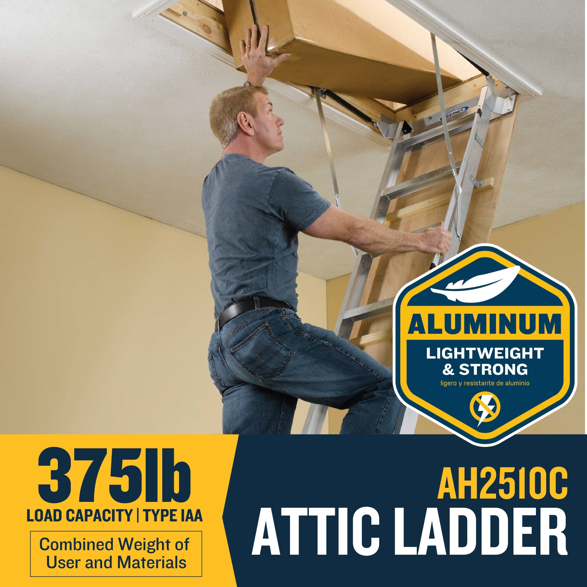 Escalera de ático plegable de aluminio Werner 8 pies a 10 pies (abertura bruta: 25 pulgadas x 54 pulgadas) con capacidad de 375 libras AH2510C