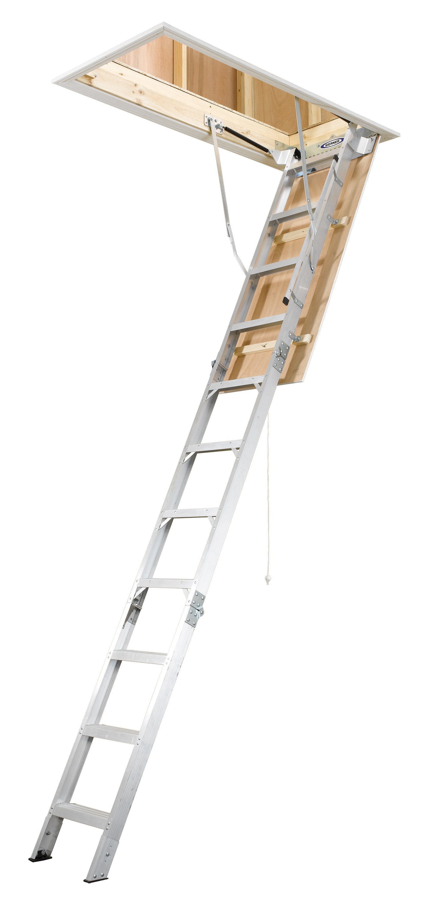 Escalera de ático plegable de aluminio Werner 8 pies a 10 pies (abertura bruta: 25 pulgadas x 54 pulgadas) con capacidad de 375 libras AH2510C