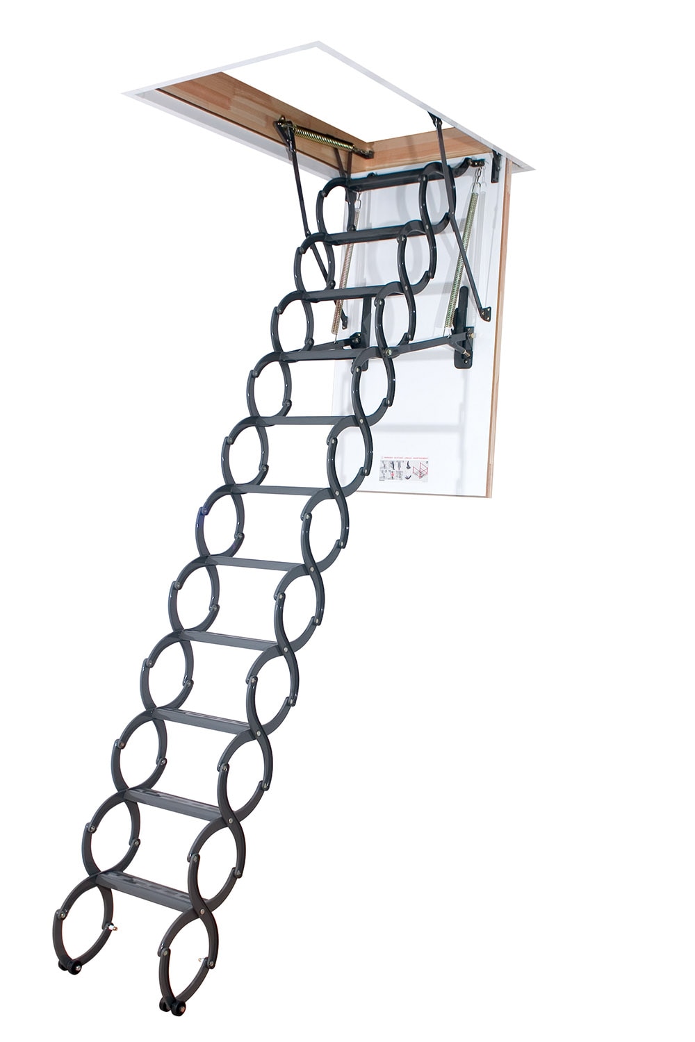 Escalera de tijera para ático de acero FAKRO 8.17-9.17 pies (Apertura bruta: 22.5 pulgadas x 31.5 pulgadas) con capacidad de 350 lbs. Modelo 66875.