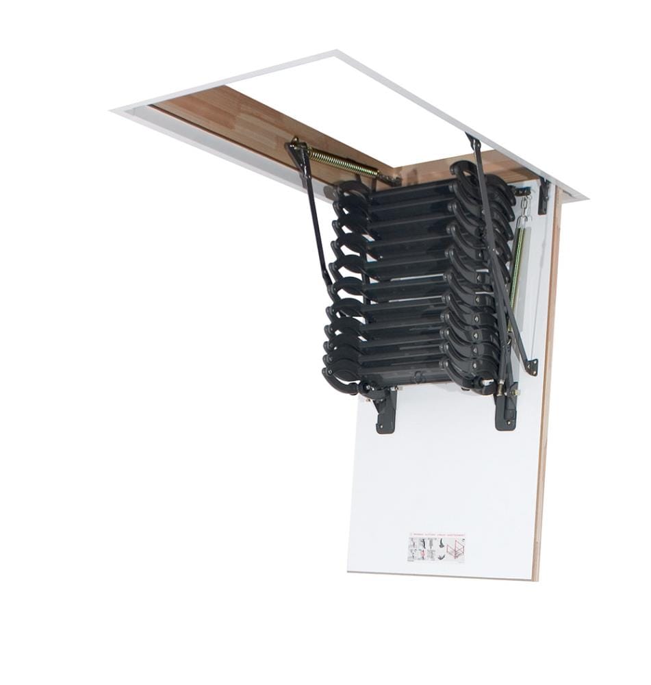 Escalera de tijera para ático de acero FAKRO 8.17-9.17 pies (Apertura bruta: 22.5 pulgadas x 31.5 pulgadas) con capacidad de 350 lbs. Modelo 66875.