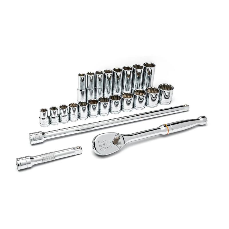 Juego de herramientas mecánicas GEARWRENCH de 1/2 pulgadas con trinquete de 90 dientes y puntas estándar y largas de 6 puntos en pulgadas (23 piezas) - 80707