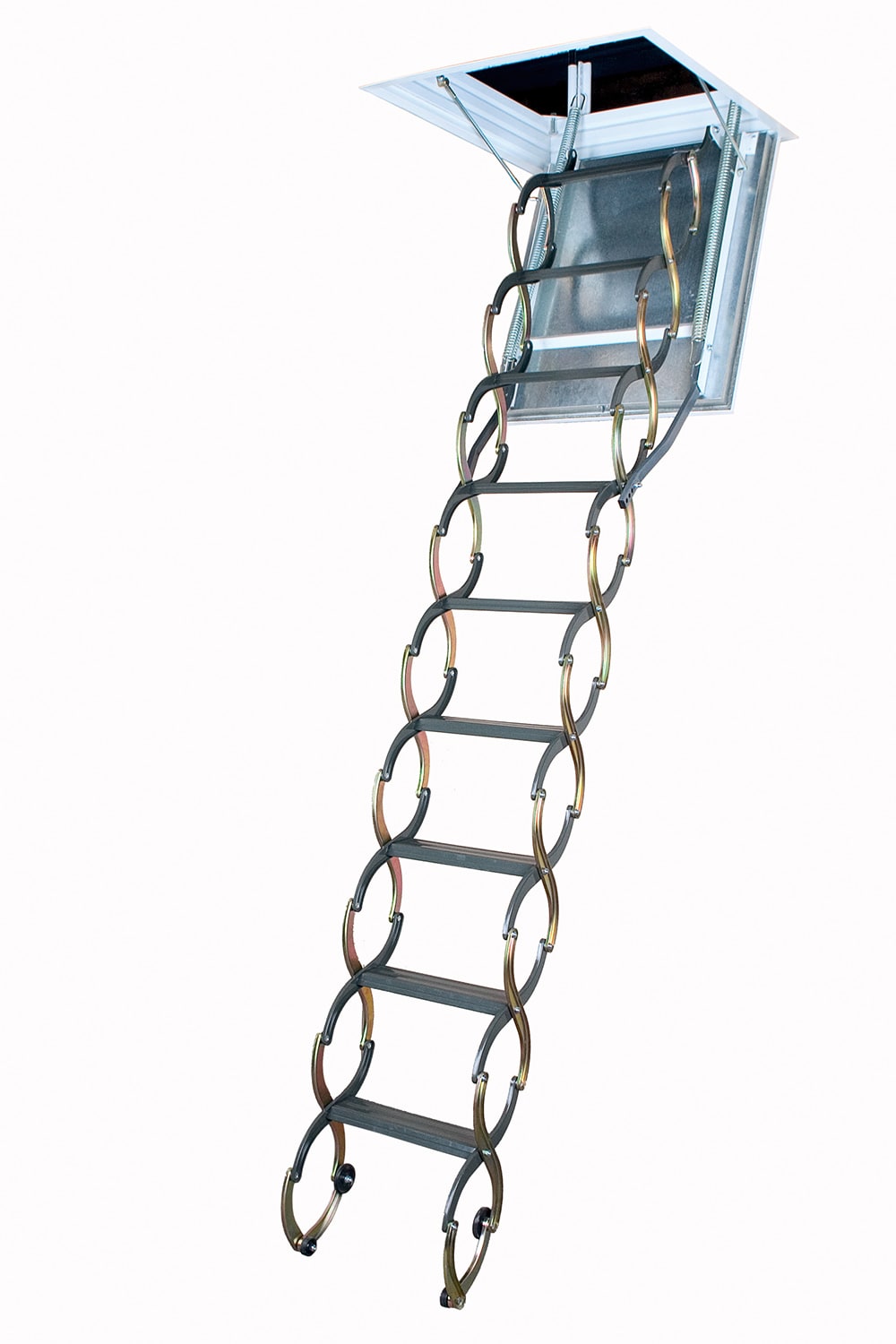 Escalera de tijera para ático de acero FAKRO de 7.83 a 9.85 pies (abertura bruta: 25 pulgadas x 47 pulgadas) con capacidad de 350 lb Modelo 66859.