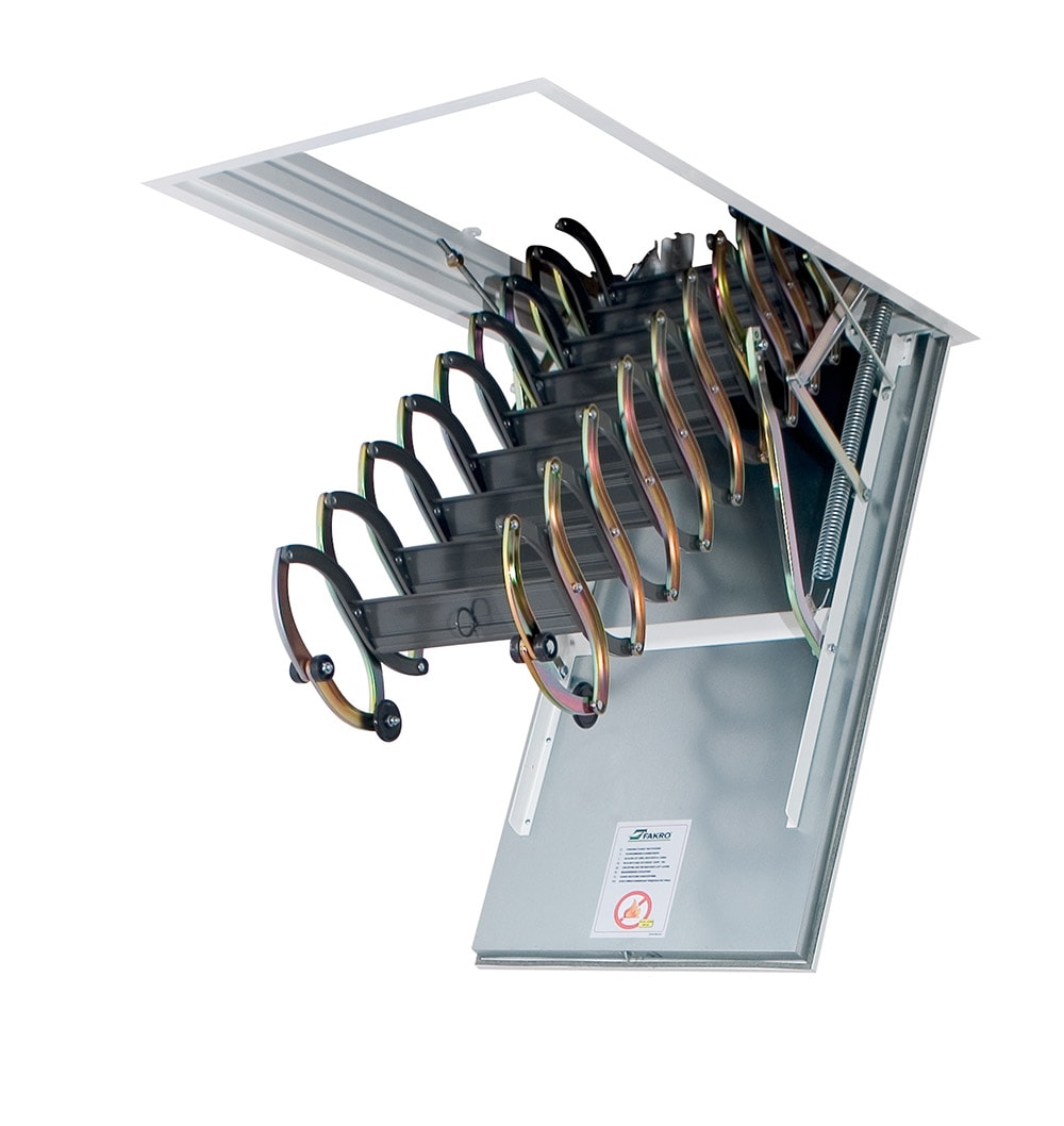 Escalera de tijera para ático de acero FAKRO de 7.83 a 9.85 pies (abertura bruta: 25 pulgadas x 47 pulgadas) con capacidad de 350 lb Modelo 66859.
