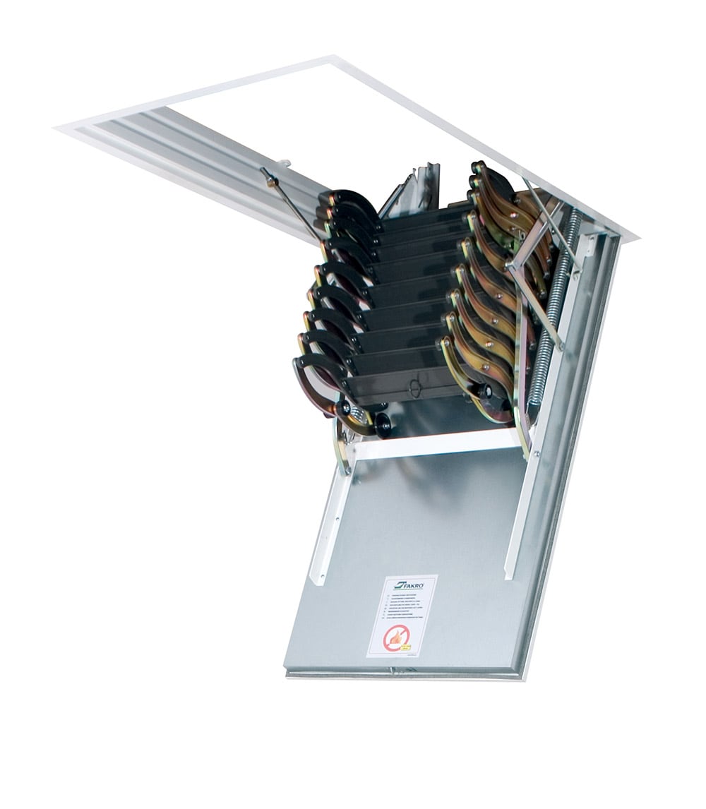 Escalera de tijera para áticos de acero FAKRO de 7.83 a 9.85 pies (Abertura bruta: 22.5 pulgadas x 47 pulgadas) con capacidad de 350 libras, modelo 66858.