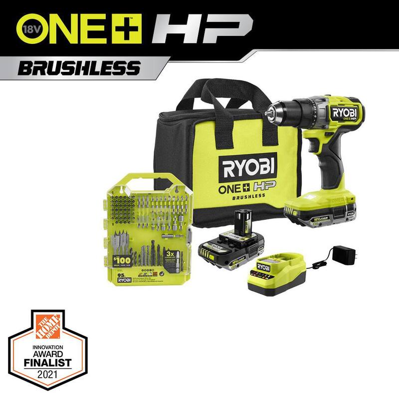 RYOBI ONE+ HP 18V Taladro/destornillador inalámbrico sin escobillas de 1/2 pulgada Kit con (2) baterías, cargador, bolsa y Kit de taladro y destornillador (95 piezas) - PBLDD01K-A989504