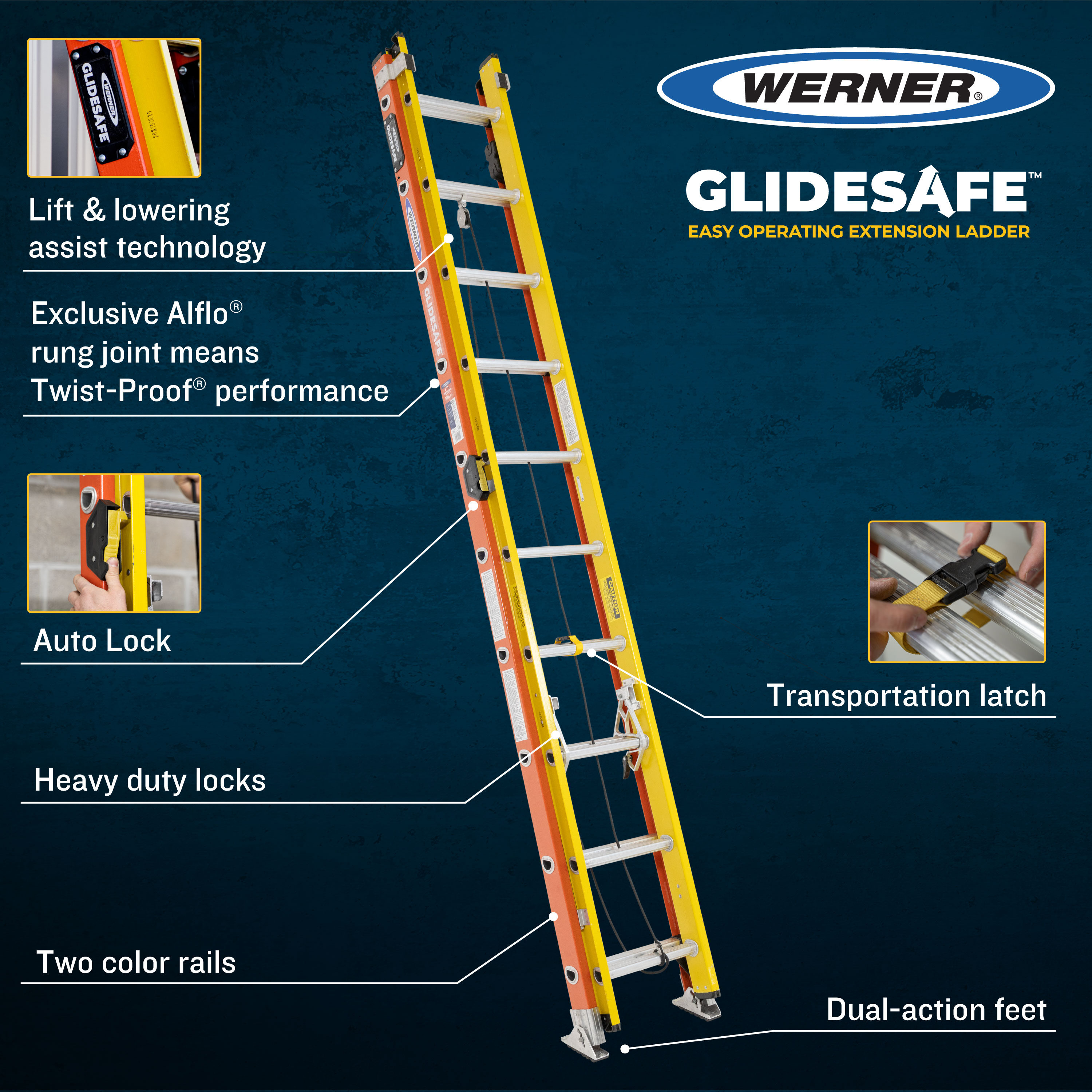 Escalera de extensión de fibra de vidrio tipo 1A Werner Glidesafe de 28 pies (27 pies de altura de alcance) con capacidad de carga de 300 lbs. Modelo T6228-2GS