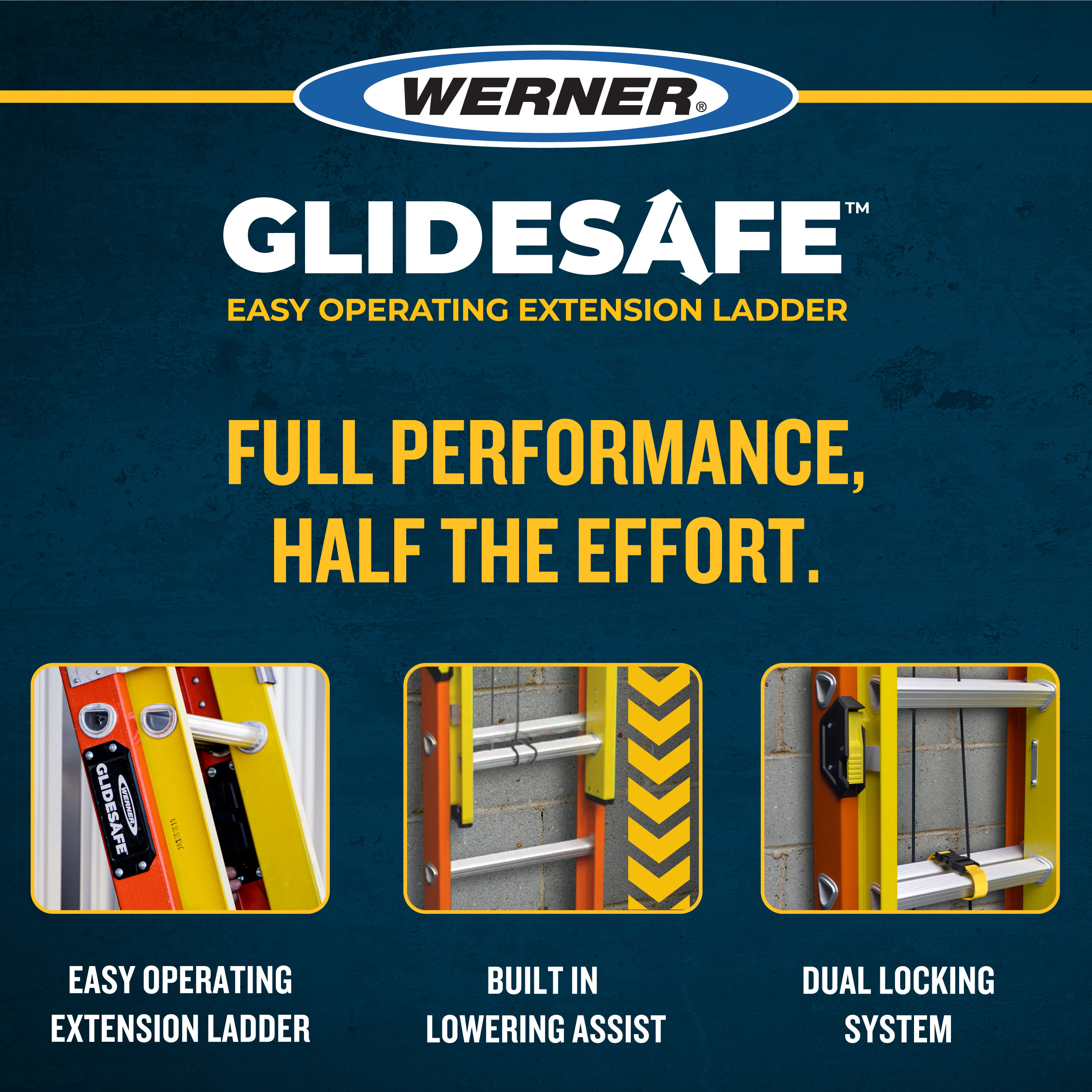 Escalera de extensión de fibra de vidrio tipo 1A Werner Glidesafe de 28 pies (27 pies de altura de alcance) con capacidad de carga de 300 lbs. Modelo T6228-2GS