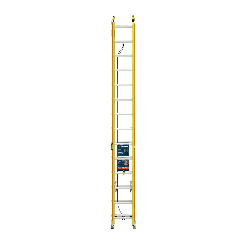 Escalera de extensión de fibra de vidrio tipo 1A Werner Glidesafe de 28 pies (27 pies de altura de alcance) con capacidad de carga de 300 lbs. Modelo T6228-2GS