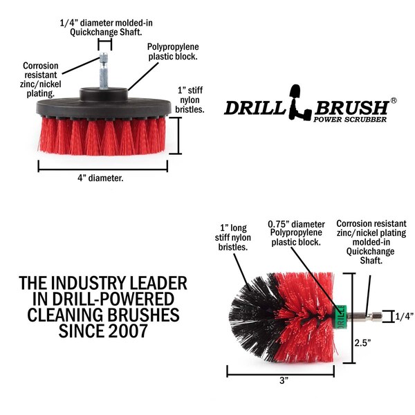Cepillo taladro Power Scrubber de Useful Products 5 pulgadas de ancho 5 pulgadas de largo, rojo - R-S-4M-QC-DB