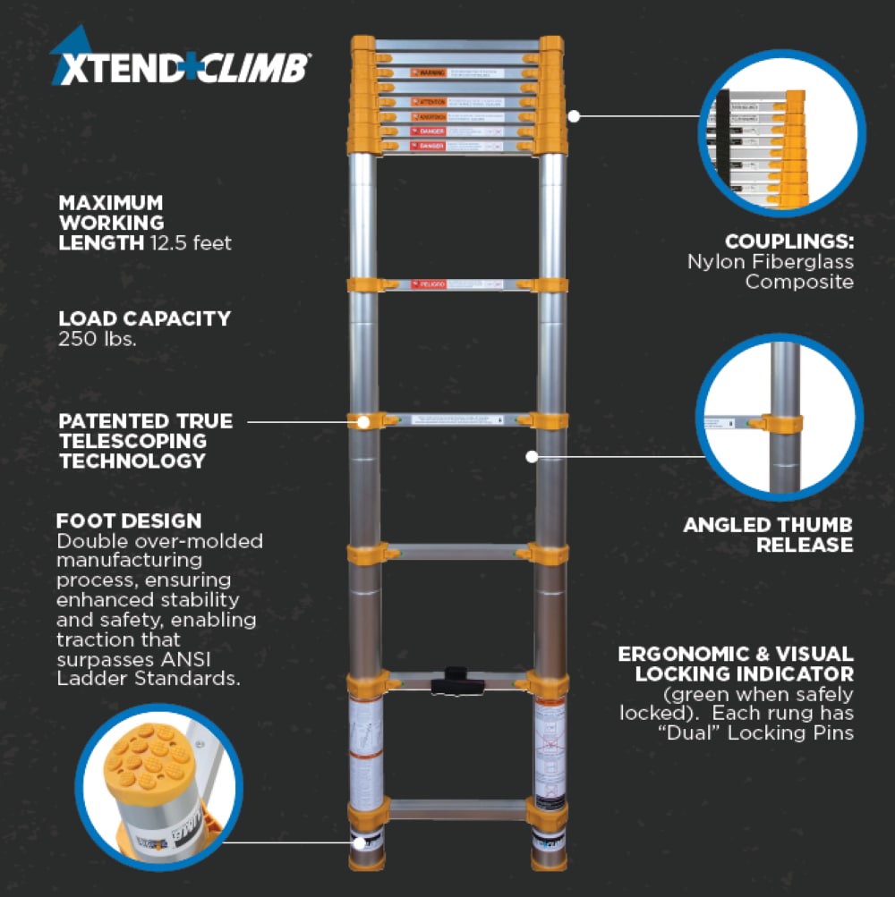 Escalera de extensión telescópica Xtend+Climb ANSI Certified 12.5 pies (16.5 pies de altura máxima) de aluminio tipo 1 con capacidad de carga de 250 lbs. Modelo 770P+.