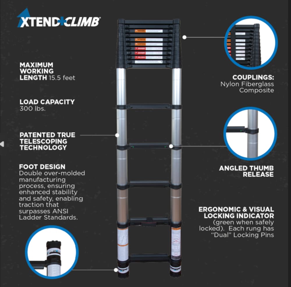 Escalera de extensión telescópica Xtend+Climb ANSI Certified de 15.5 pies (con alcance de altura de 19.5 pies) de aluminio Tipo 1A con capacidad de carga de 300 libras - Modelo CS155+/300