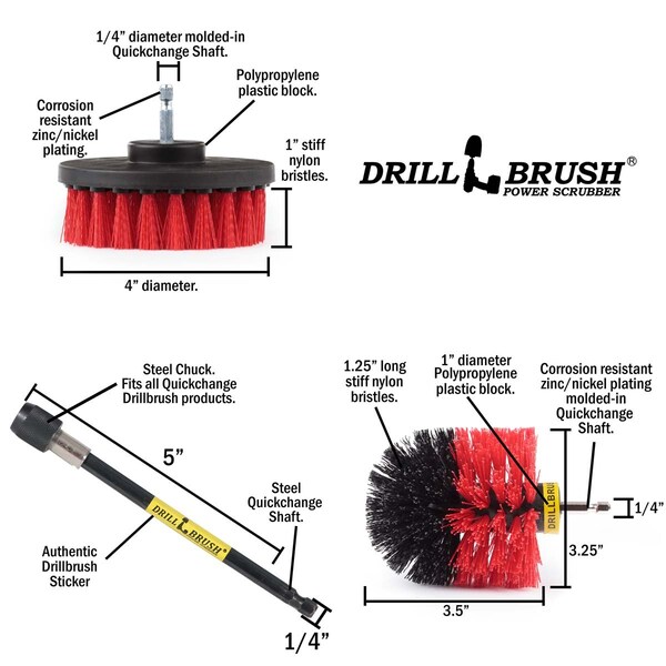 Cepillo de Perforadora Power Scrubber de Useful Products 5 pulgadas de ancho 5 pulgadas de largo, rojo - R-S-4O-5X-QC-DB