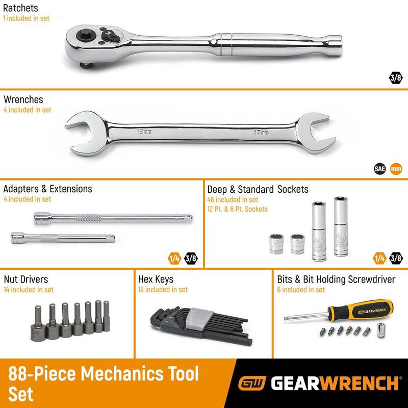 Set de herramientas para mecánicos GEARWRENCH de 1/4 y 3/8 pulgadas de unidad SAE/Métrico (88 piezas) - 80930