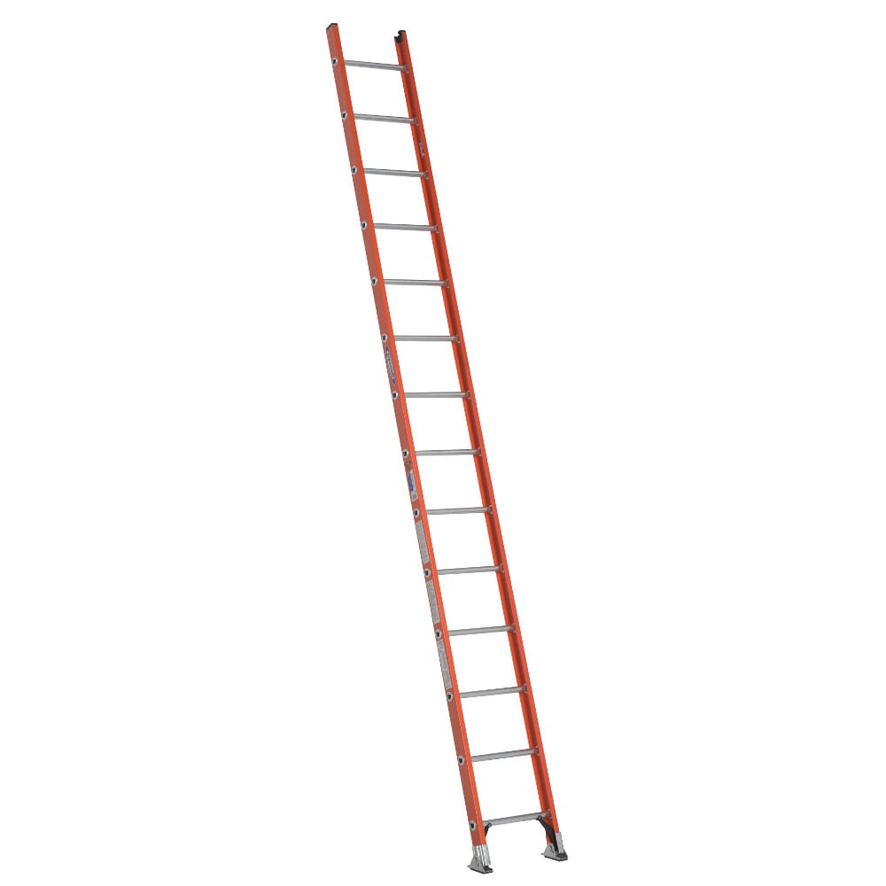 Escalera de extensión recta de fibra de vidrio Tipo 1A Werner D6200-1 de 14 pies (altura alcanzable de 16 pies) con capacidad de carga de 300 lbs. y modelo D6214-1.