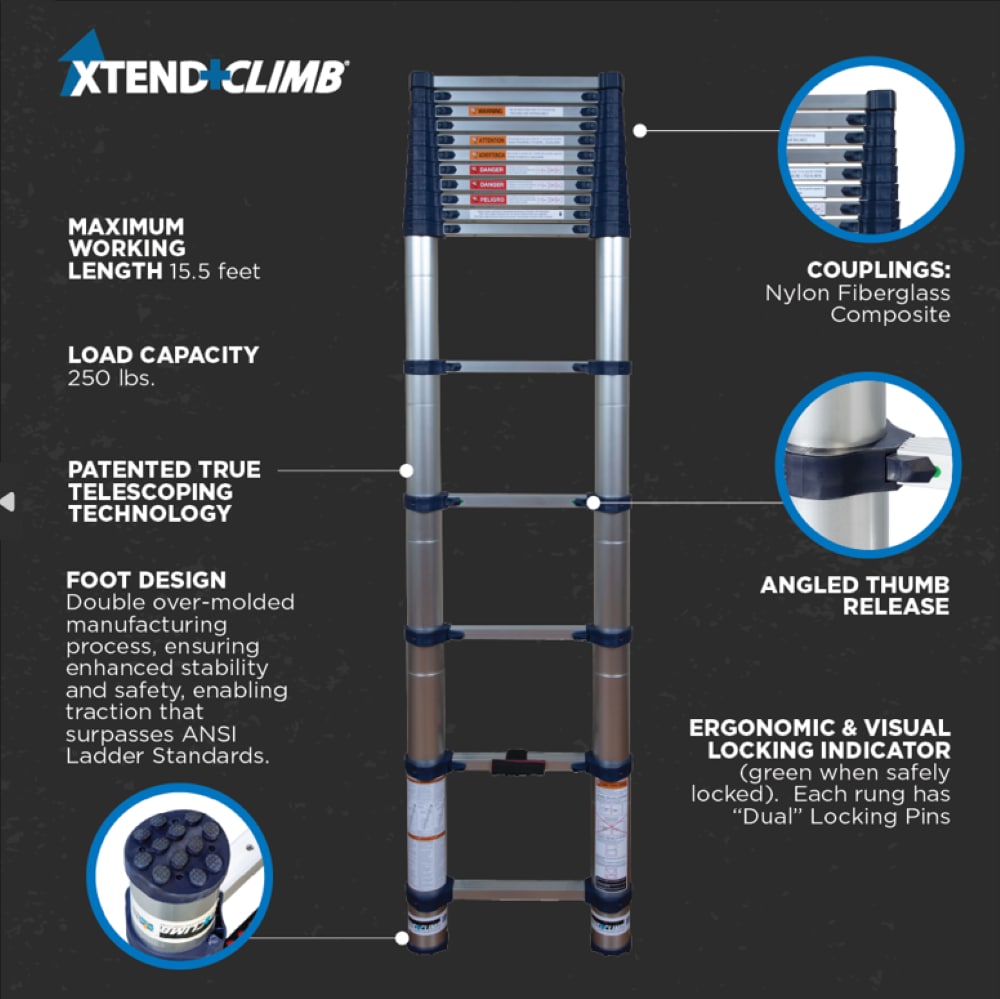 Escalera de extensión telescópica Xtend+Climb 785P+ de aluminio tipo 1 - Certificada por ANSI, 15.5 pies (altura de alcance de 19.5 pies) y capacidad de carga de 250 libras.