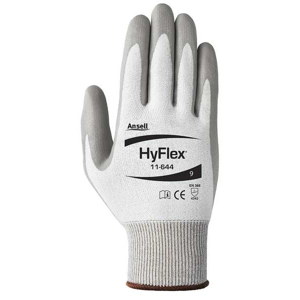 Guantes recubiertos resistentes al corte Ansell Hyflex, Nivel de corte A2, Poliuretano, Blanco/Gris, Grande (Talla 9), 1 par - 11-644V