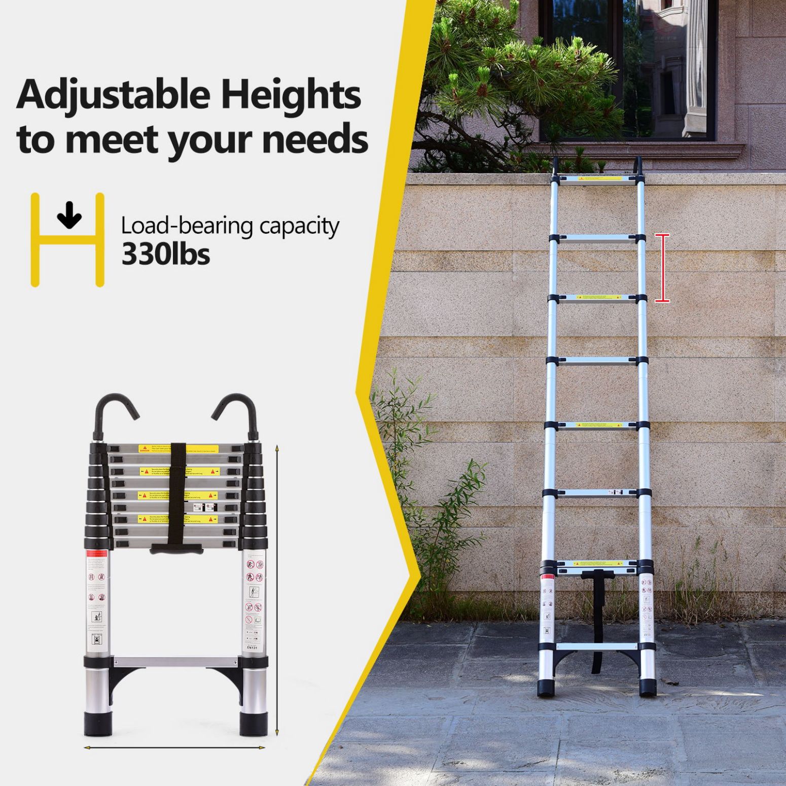 Escalera telescópica retráctil de 10.5 pies Siavonce (Altura alcanzada de 16 pies) Tipo 1AA de aluminio, capacidad de carga de 375 lbs. Escalera extensible telescópica Modelo XH06830