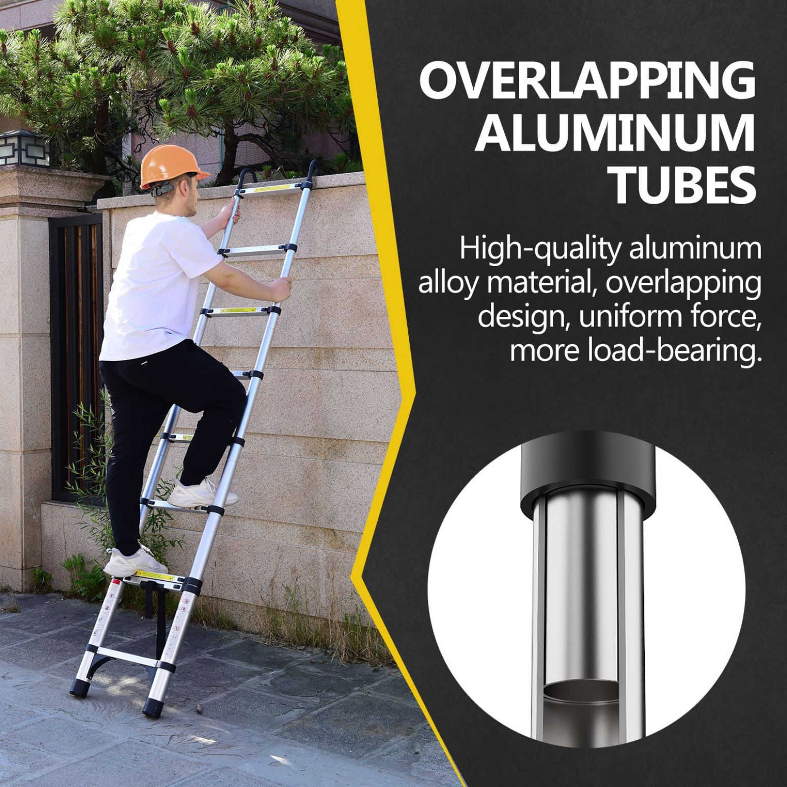 Escalera telescópica retráctil de 10.5 pies Siavonce (Altura alcanzada de 16 pies) Tipo 1AA de aluminio, capacidad de carga de 375 lbs. Escalera extensible telescópica Modelo XH06830