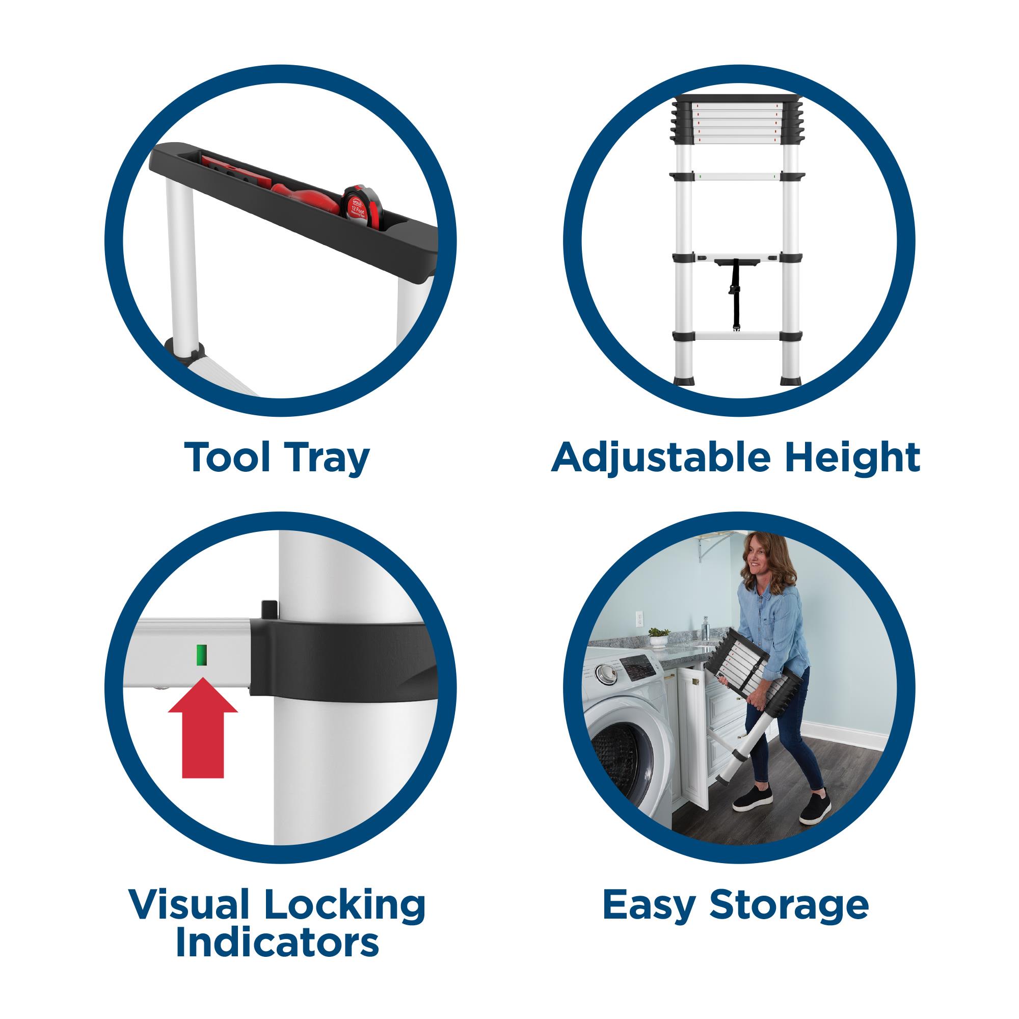 Escalera de extensión telescópica Cosco SmartClose de 8.66 pies (altura de alcance de 12 pies) de aluminio Tipo 1A con capacidad de carga de 300 lb, modelo 20809T1ASE