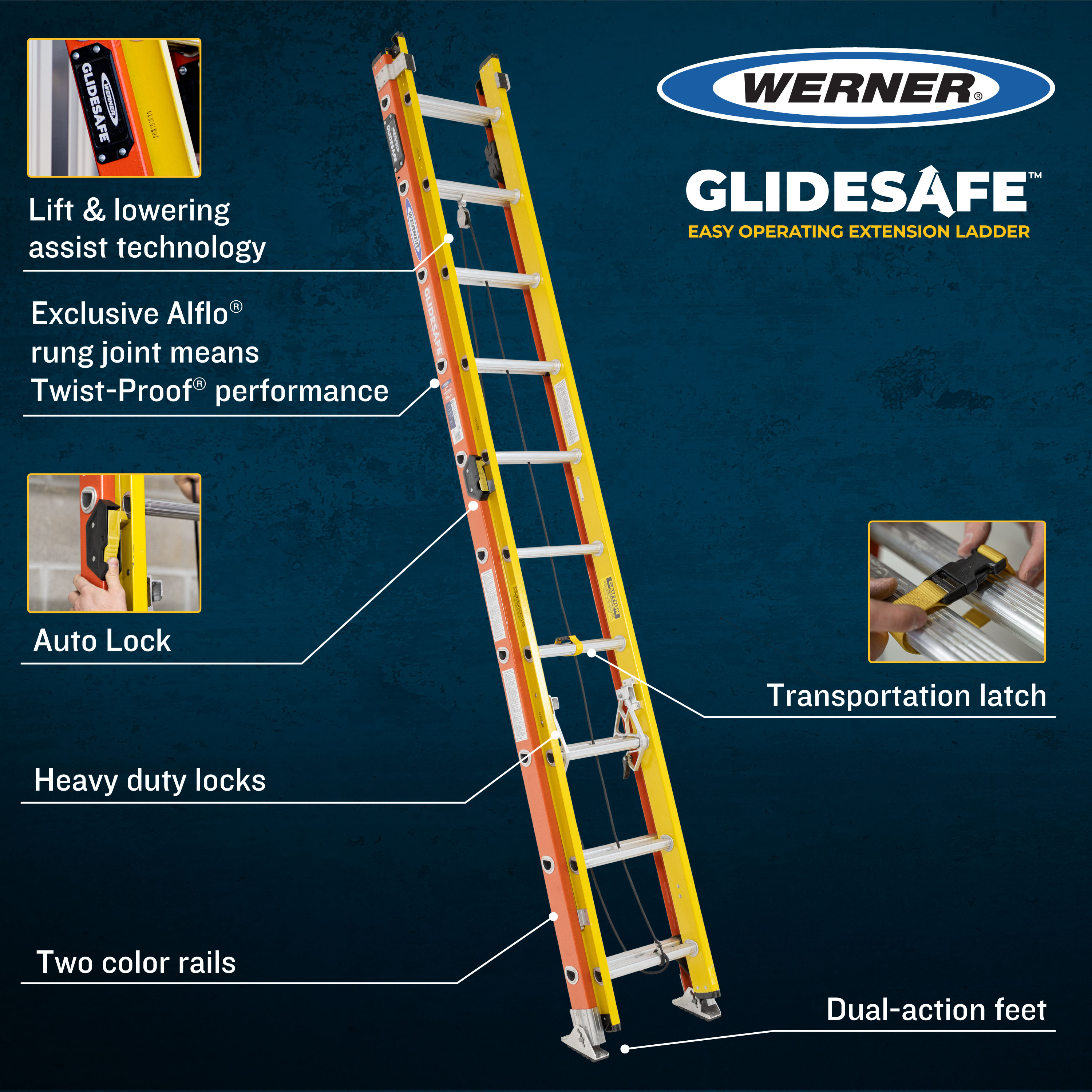 Escalera de extensión Werner Glidesafe de 24 pies (altura de alcance de 23 pies) de fibra de vidrio Tipo 1A - Capacidad de carga de 300 libras. Escalera de extensión T6224-2GS
