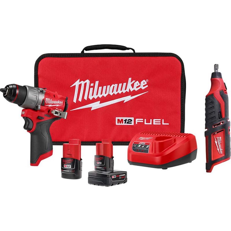 Juego de taladro inalámbrico sin escobillas Milwaukee M12 FUEL de 12 voltios de 1/2 pulgadas con herramienta rotativa M12 - 3403-22-2460-20