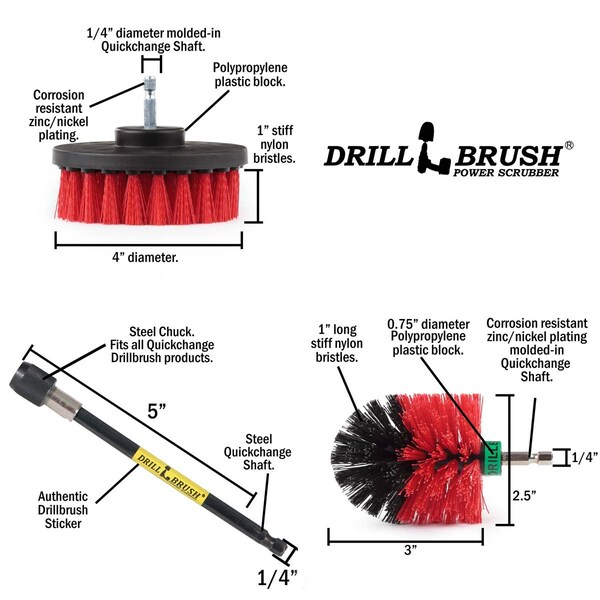 Cepillo para Taladro Power Scrubber de Useful Products 5 pulgadas Ancho 5 pulgadas Largo, Rojo - R-S-4M-5X-QC-DB