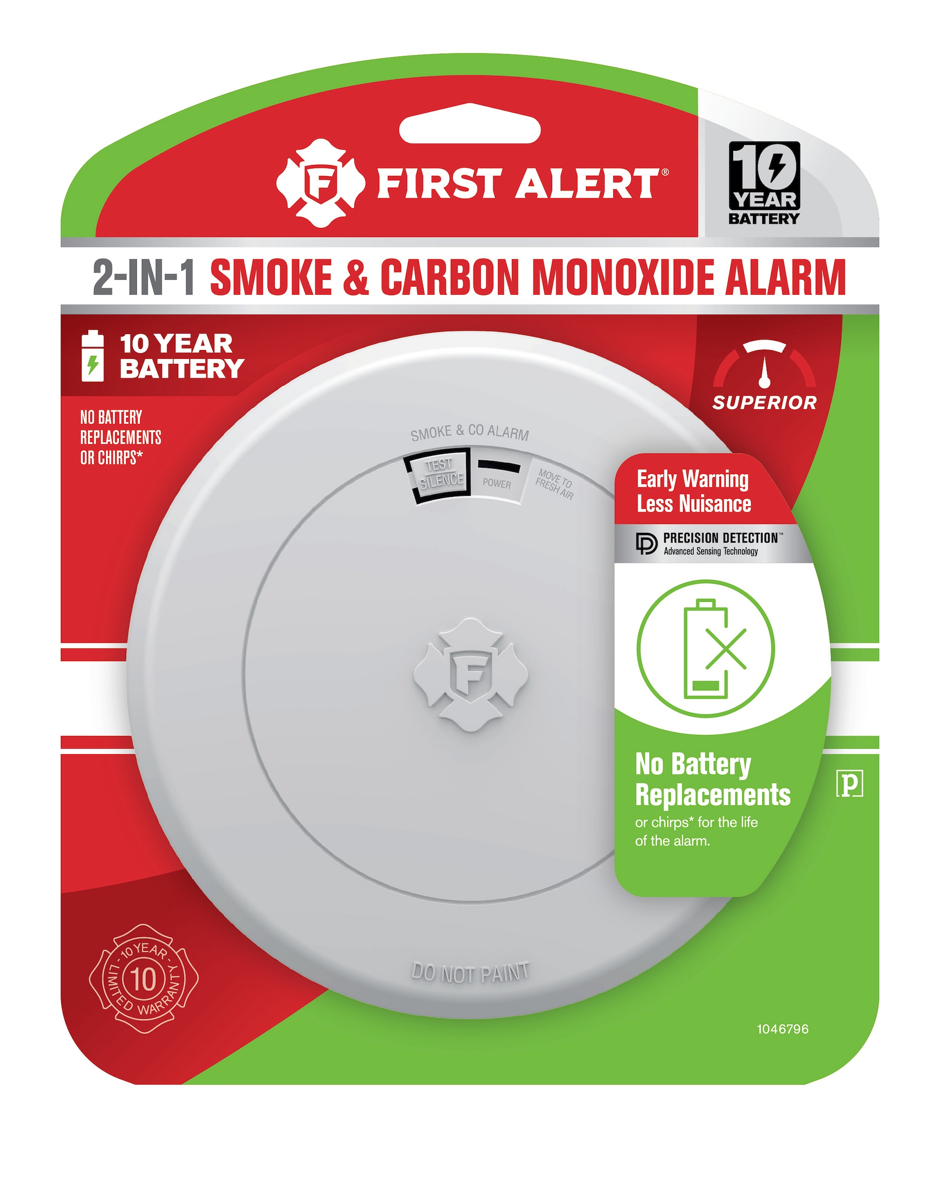 Detector de humo y monóxido de carbono First Alert con batería de 10 años de duración y operado por baterías, modelo 1046796