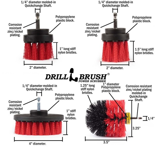 Cepillo de Taladro Power Scrubber de Useful Products 5 pulgadas de ancho 5 pulgadas de largo, Rojo - R-42OS-2L-QC-DB