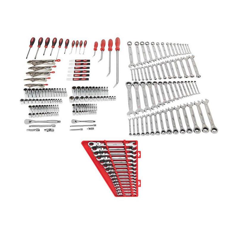 Set de herramientas para mecánicos de Milwaukee con juego de llaves combinadas de trinquete de cabeza flexible de 144 posiciones SAE (206 piezas) - 48-22-9489-48-22-9413