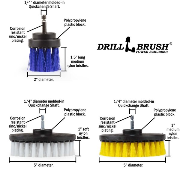 Cepillo de Taladro Power Scrubber de Useful Products 5 pulgadas de ancho y 5 pulgadas de largo, Variedad - W5S-Y5S-B2L-QC-DB