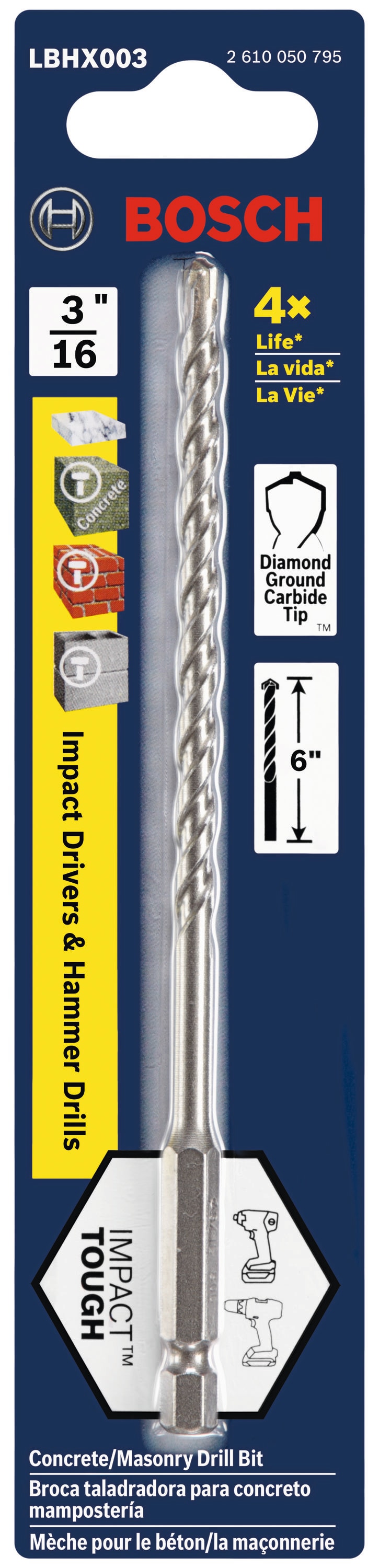 Broca para mampostería de acero de alta velocidad Bosch Impact Tough de 3-1/16 pulgadas x 6 pulgadas para martillo perforador LBHX003