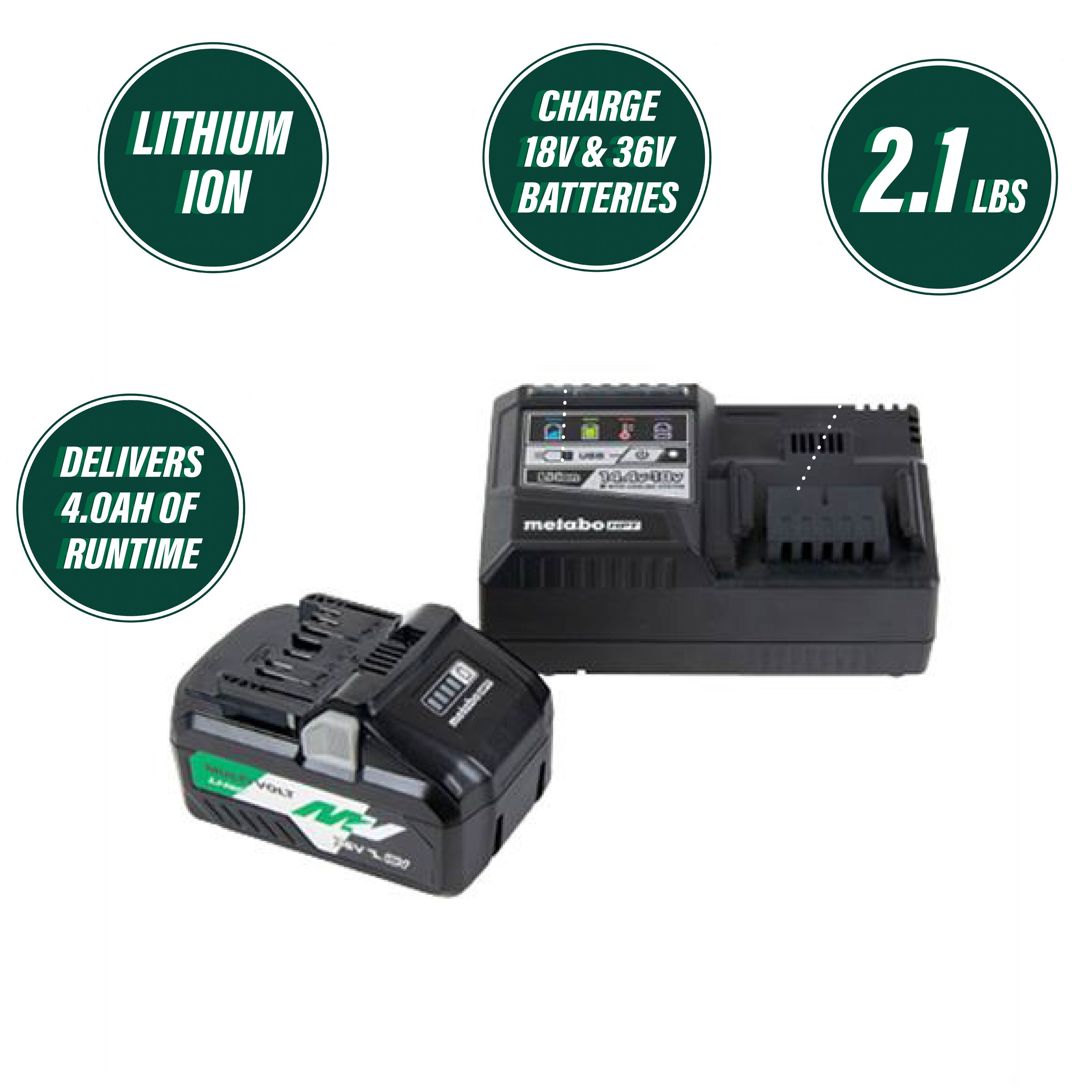 Batería y cargador de iones de litio de 4 Ah Metabo HPT MultiVolt 36V 1-Pack UC18YSL3B1M