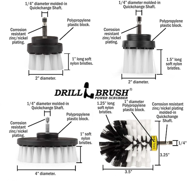 Cepillo taladro Power Scrubber de Useful Products 5 pulgadas de ancho 5 pulgadas de largo, blanco - W-42OS-2L-QC-DB