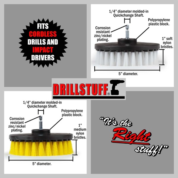 Cepillo de taladro Drillstuff Power Scrubber - Cepillo de fregado alimentado por taladro para exteriores - 5IN-S-WY-QC-DS