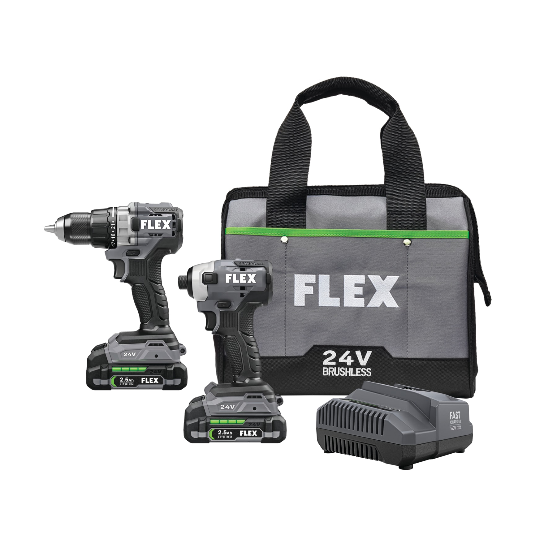 Kit de combo de herramientas eléctricas sin escobillas FLEX de 24 voltios y 2 herramientas con estuche suave (incluye 2 baterías y cargador) modelo FXM201-2AP.
