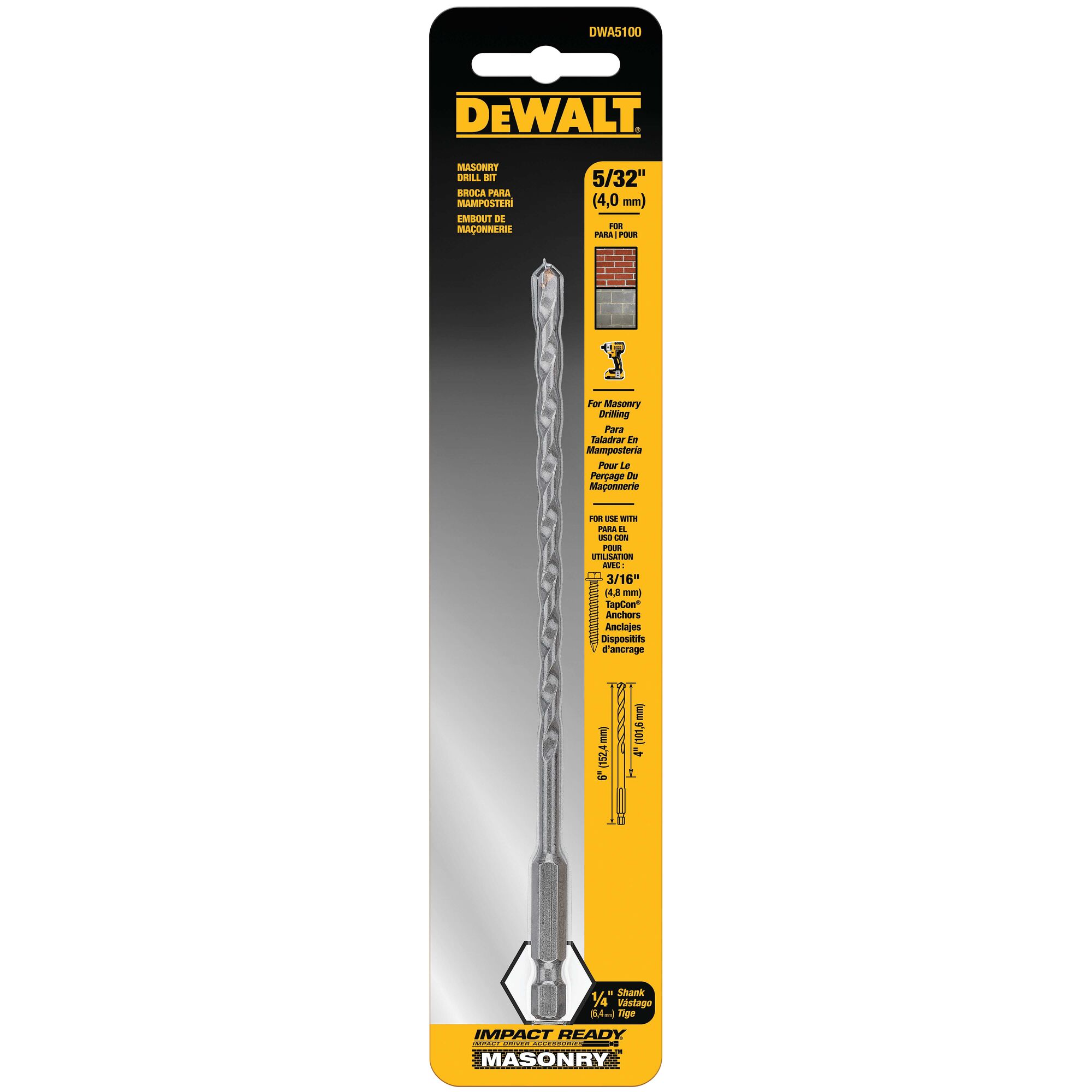 Broca de carburo para albañilería DEWALT 5/32 pulgadas x 6 pulgadas para taladro rotativo/atornillador de impacto DWA5100