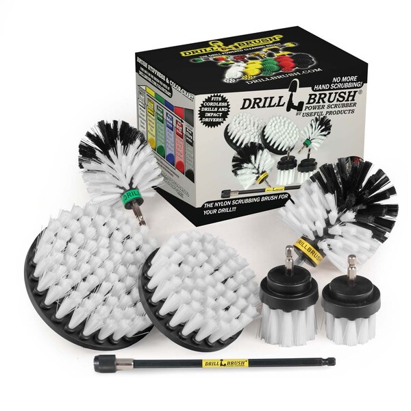 Cepillo de Taladro Power Scrubber de Useful Products 7 in W 5 in L, Blanco - W-542OMS-2L-7X-QC-DB