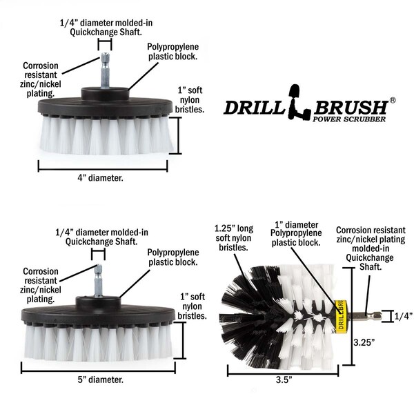 Cepillo de Taladro Power Scrubber de Useful Products 7 in W 5 in L, Blanco - W-542OMS-2L-7X-QC-DB