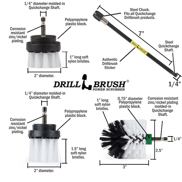 Cepillo de Taladro Power Scrubber de Useful Products 7 in W 5 in L, Blanco - W-542OMS-2L-7X-QC-DB